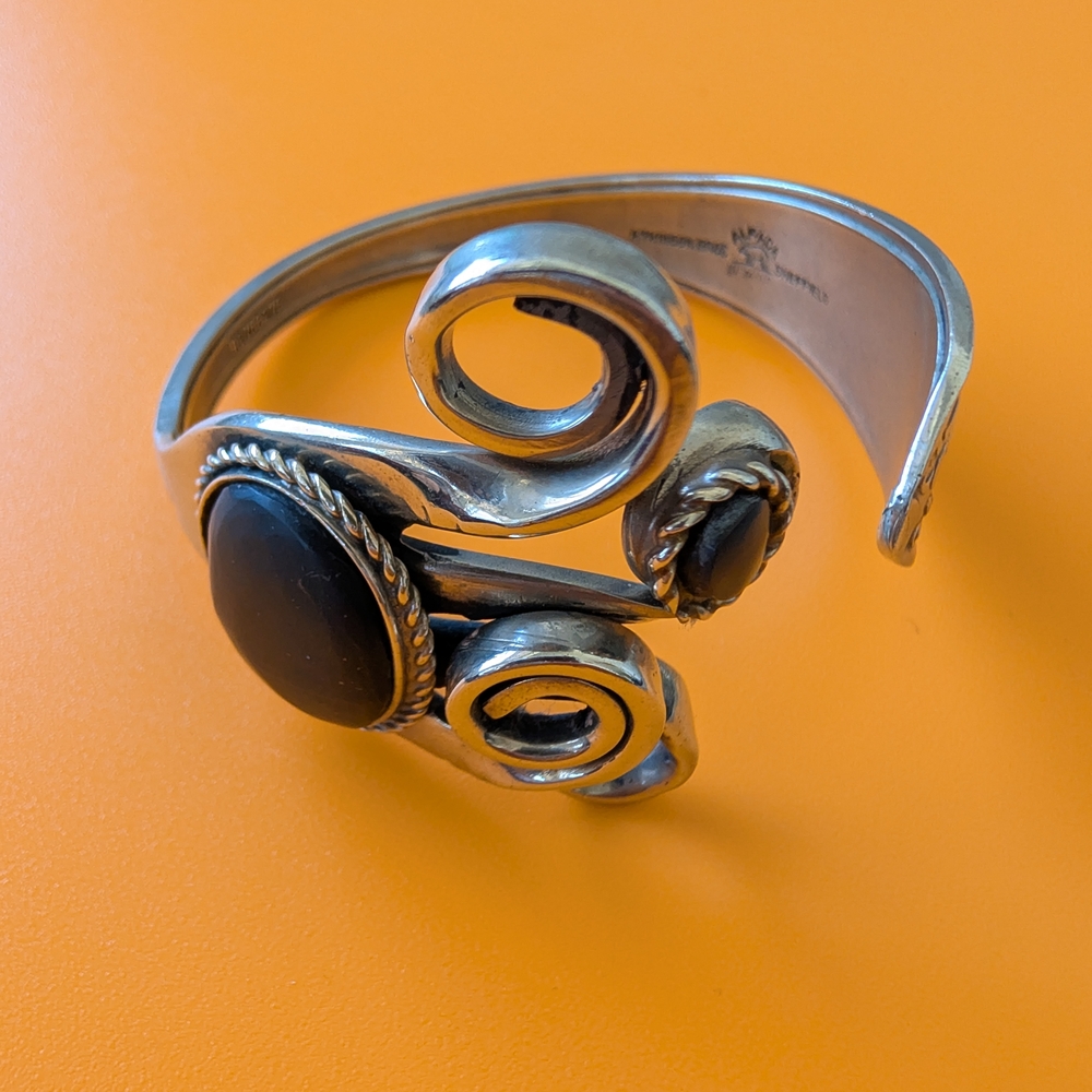 Vintage Handmade Silver Fork Bracelet With Black Stones